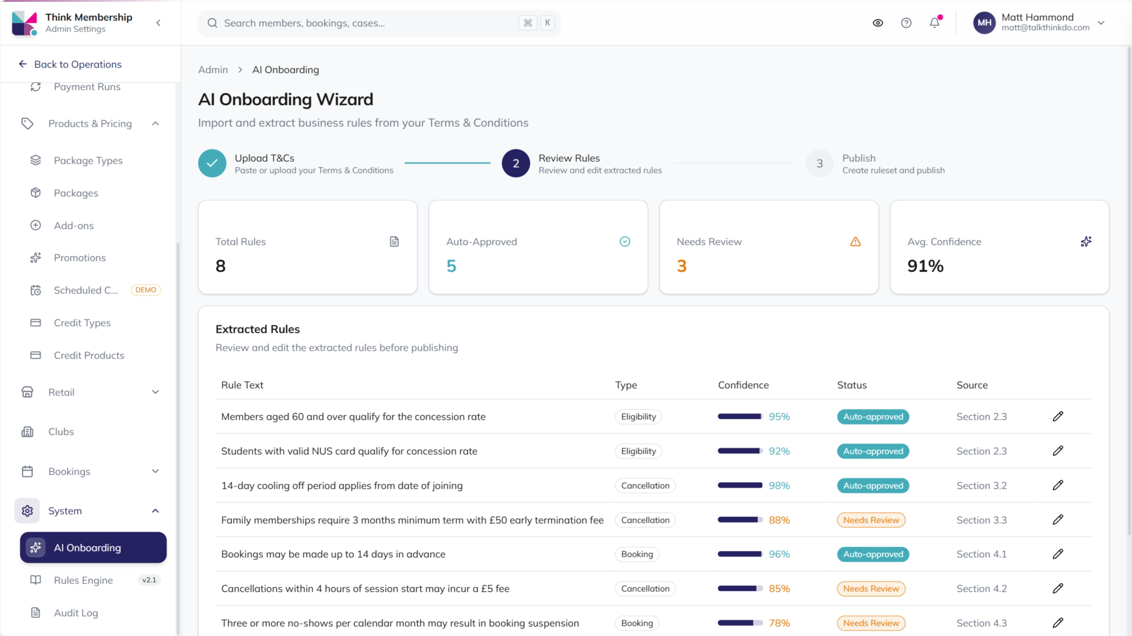 Booking Engine AI Onboarding Wizard showing extracted business rules from Terms and Conditions with confidence scores, auto-approved and needs-review statuses, and rule types for eligibility, cancellation, and booking policies