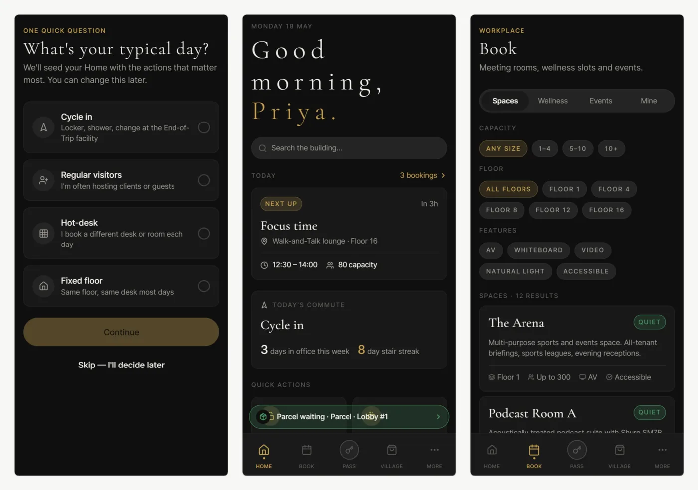 Three mobile app prototype screens: choosing a typical day, a personalised home screen, and a room booking list